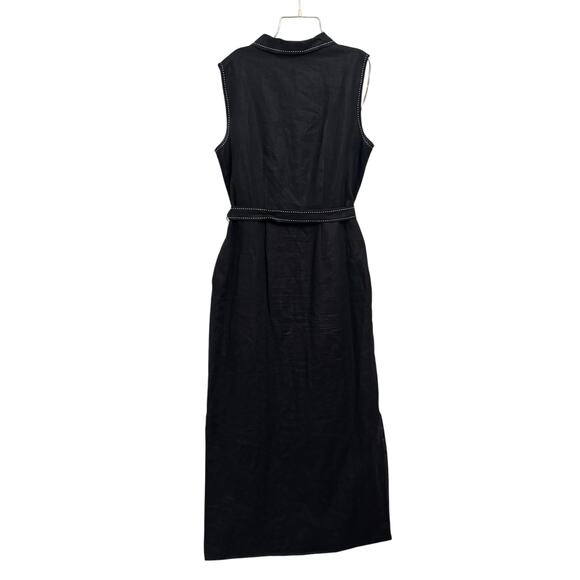 Vintage Madison Studio Black Linen Collarec Maxi Dress Contrast Stitching Belted - Picture 3 of 7